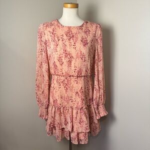 AQUA Long Sleeve Floral & Metallic Ruffle Skirt Mini Dress PINK / MEDIUM